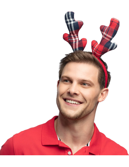 Serre-Tête Renne de Noel pour adulte tartan rouge