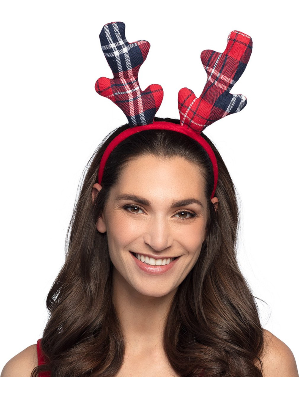 Serre-Tête Renne de Noel pour adulte tartan rouge