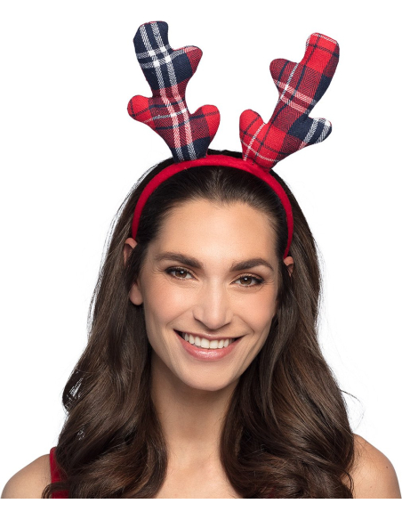 Serre-Tête Renne de Noel pour adulte tartan rouge