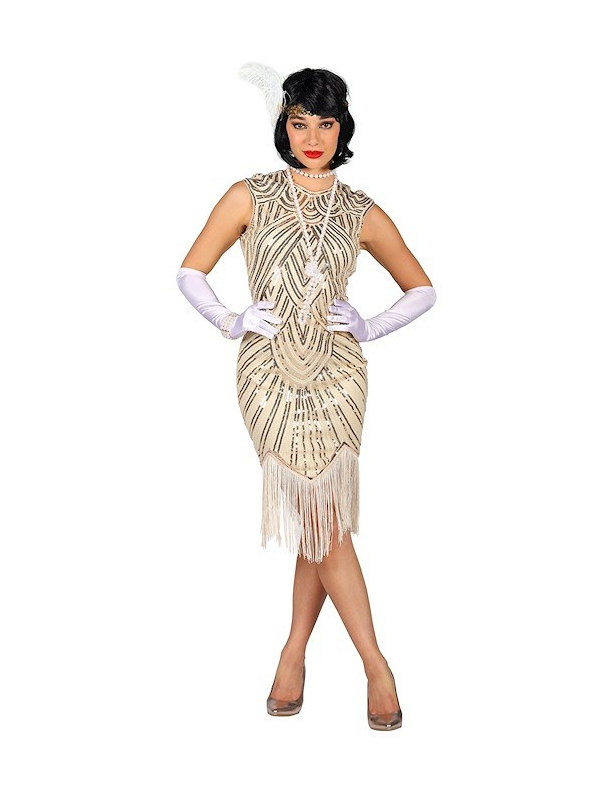 Robe Charleston luxe femme beige et doré - Franges et paillettes