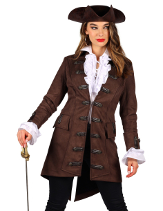 Manteau de Pirate Authentique pour Femme : Élégance et Confort en Imitation Daim Marron pour Vos Soirées Thématiques