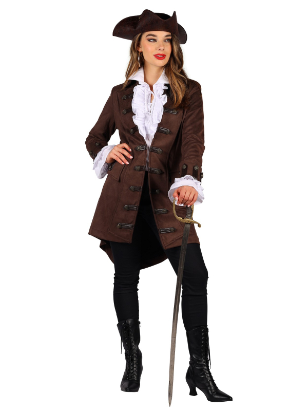 Manteau de Pirate Authentique pour Femme : Élégance et Confort en Imitation Daim Marron pour Vos Soirées Thématiques