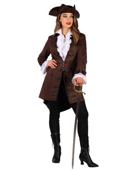 Manteau de Pirate Authentique pour Femme : Élégance et Confort en Imitation Daim Marron pour Vos Soirées Thématiques