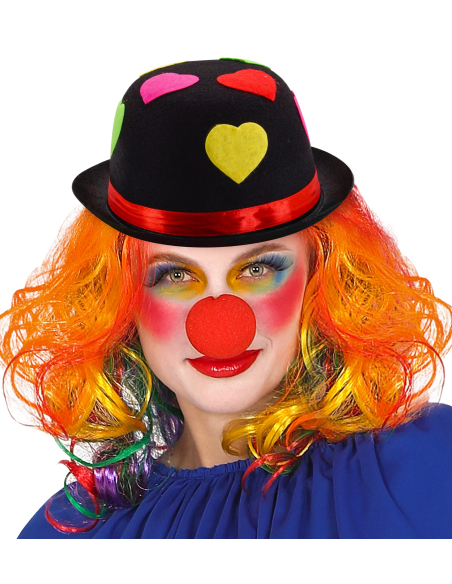 Chapeau melon noir avec cœurs multicolores : Clown, Carnaval
