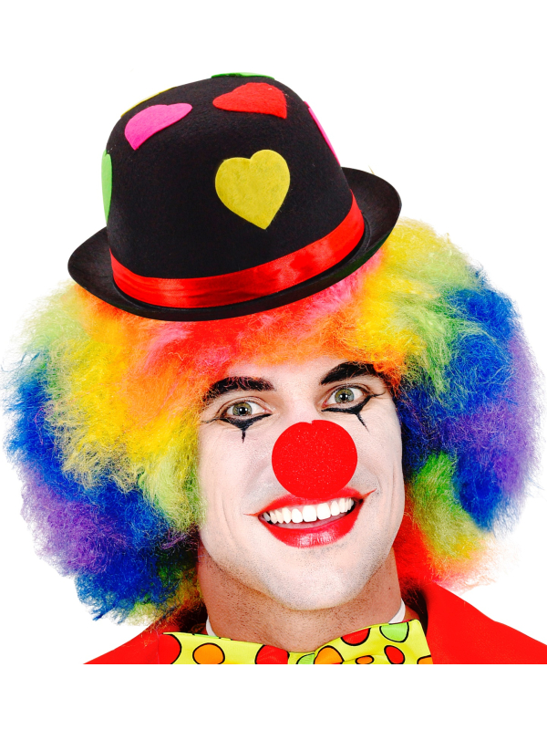 Chapeau melon noir avec cœurs multicolores : Clown, Carnaval