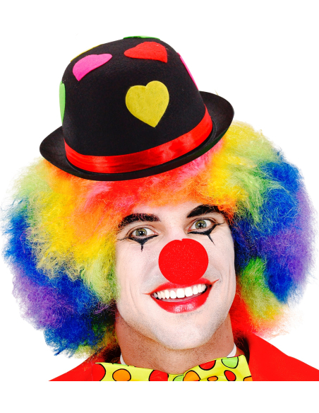 Chapeau melon noir avec cœurs multicolores : Clown, Carnaval