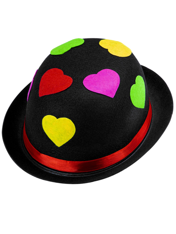 Chapeau melon noir avec cœurs multicolores : Clown, Carnaval