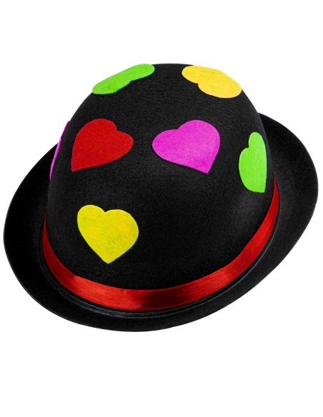 Chapeau melon noir avec cœurs multicolores : Clown, Carnaval