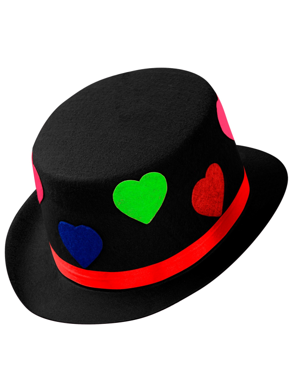 Chapeau Haut de Forme Noir avec Cœurs Multicolores