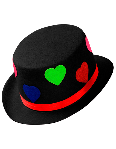 Chapeau Haut de Forme Noir avec Cœurs Multicolores