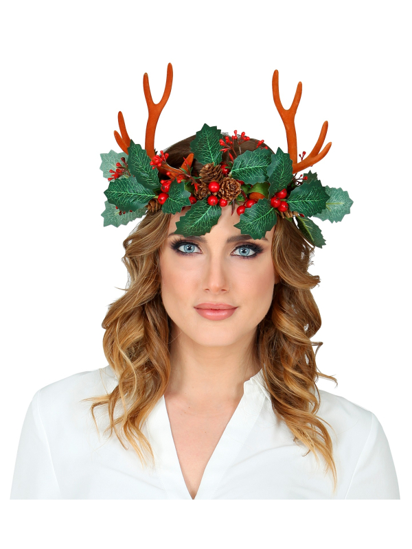Cornes de renne de Noël avec feuilles de houx et pommes de pin