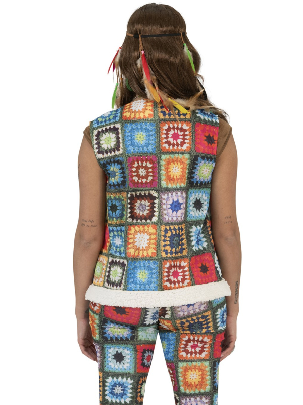 Gilet Hippie Femme Vintage Patchwork avec Bordures en Fausse Fourrure - Style Bohème