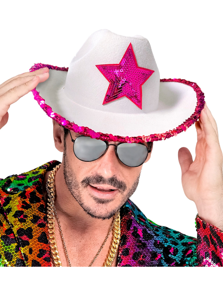 Chapeau Cowboy Blanc avec Étoile et Sequins Fuchsia
