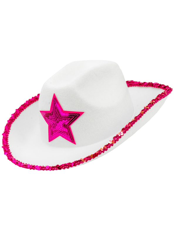 Chapeau Cowboy Blanc avec Étoile et Sequins Fuchsia