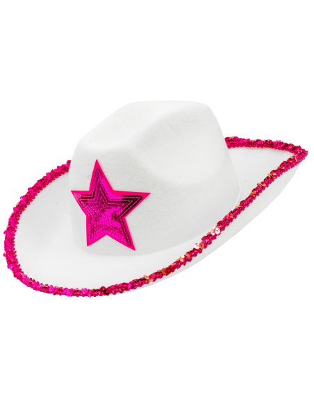 Chapeau Cowboy Blanc avec Étoile et Sequins Fuchsia