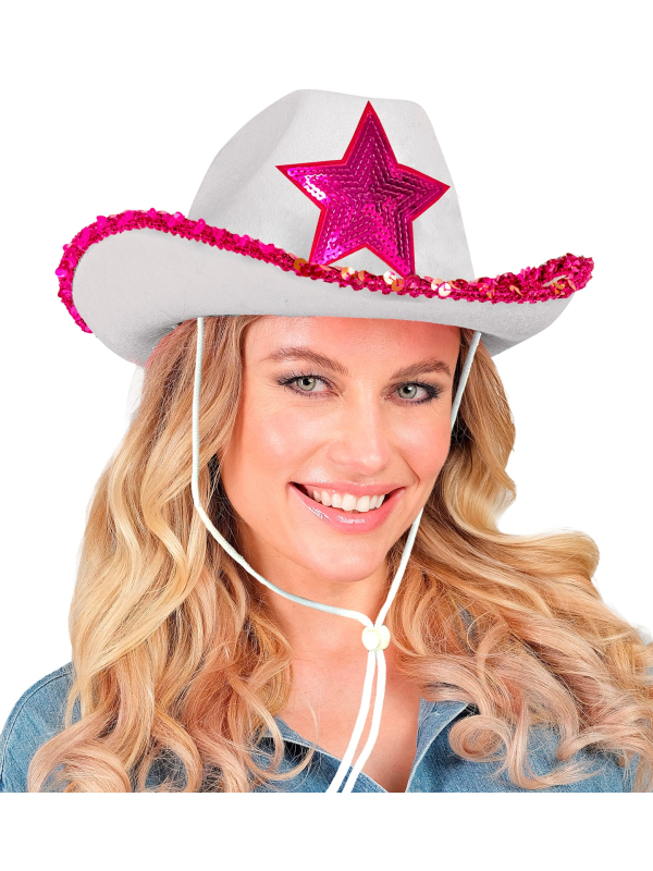 Chapeau Cowboy Blanc avec Étoile et Sequins Fuchsia