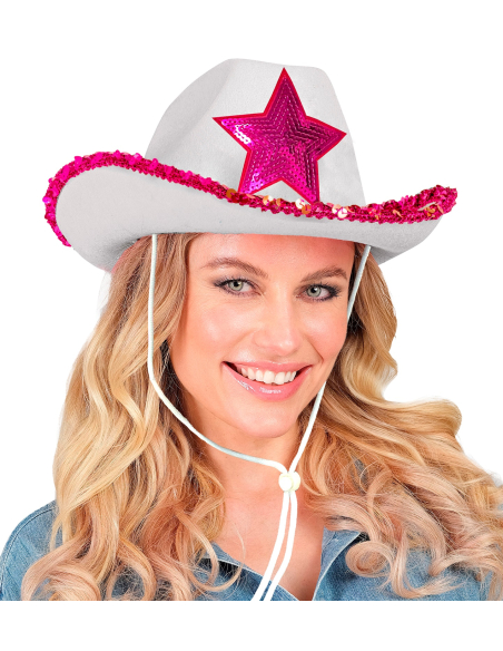 Chapeau Cowboy Blanc avec Étoile et Sequins Fuchsia