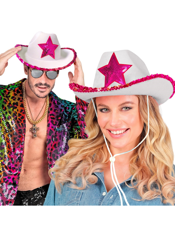 Chapeau Cowboy Blanc avec Étoile et Sequins Fuchsia