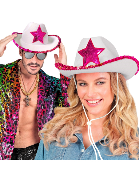 Chapeau Cowboy Blanc avec Étoile et Sequins Fuchsia