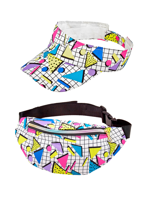 Set Accessoires Années 80 – Visière et Sac Banane Géométriques Fluos pour vos Soirées à Thème