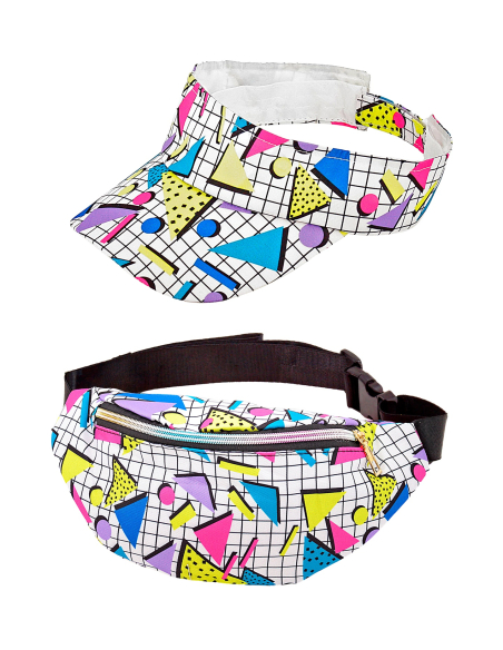 Set Accessoires Années 80 – Visière et Sac Banane Géométriques Fluos pour vos Soirées à Thème