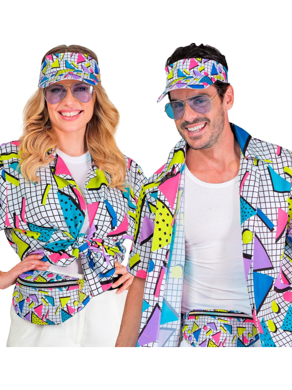 Set Accessoires Années 80 – Visière et Sac Banane Géométriques Fluos pour vos Soirées à Thème