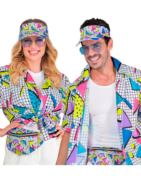 Set Accessoires Années 80 – Visière et Sac Banane Géométriques Fluos pour vos Soirées à Thème