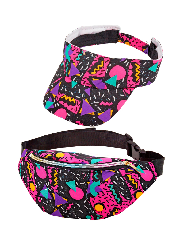 Set Accessoires Années 80 : Visière et Sac Banane Noir avec Motifs Fluos