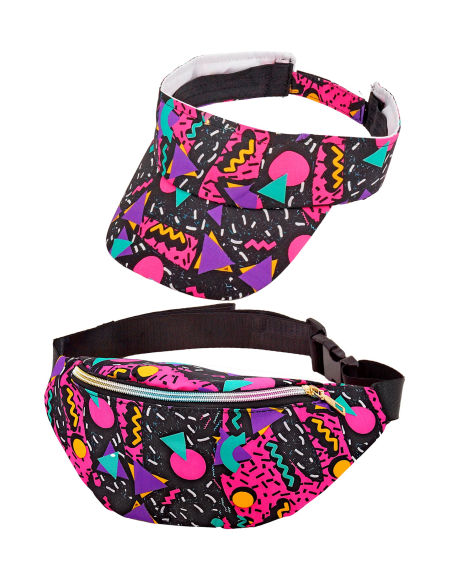 Set Accessoires Années 80 : Visière et Sac Banane Noir avec Motifs Fluos