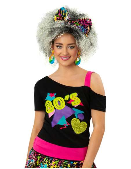 Déguisement Années 80 Femme - T-shirt Noir Asymétrique Imprimé Fluo