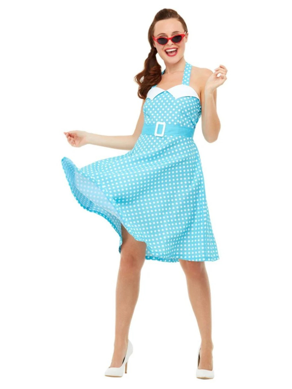 Déguisement années 50 femme, Pin Up (Robe bleue à pois)