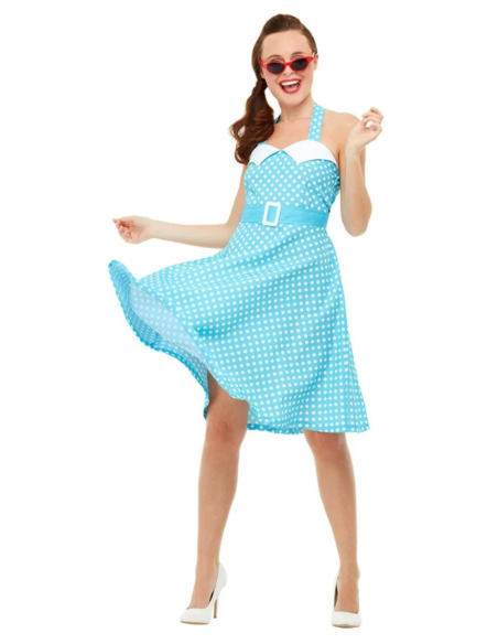 Déguisement années 50 femme, Pin Up (Robe bleue à pois)