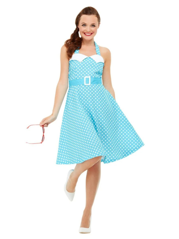Déguisement années 50 femme, Pin Up (Robe bleue à pois)