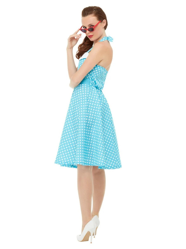 Déguisement années 50 femme, Pin Up (Robe bleue à pois)