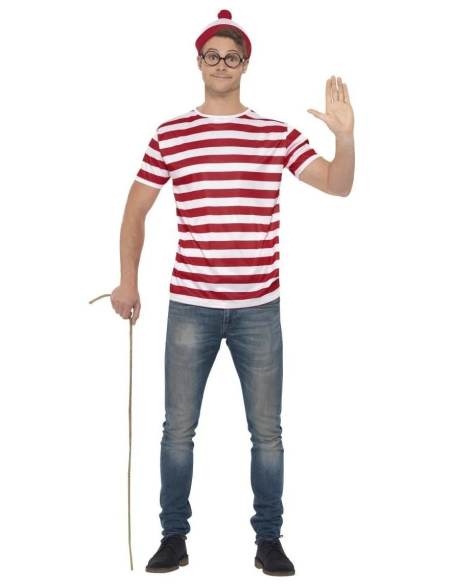 Set où est Charlie ™? rouge et blanc (t-shirt, bonnet et lunettes)