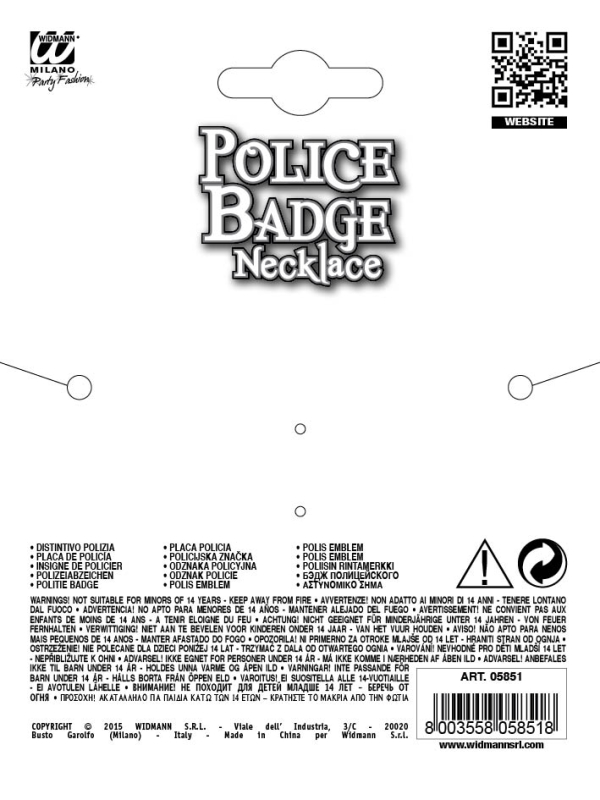 Badge de Police avec Chaîne - Accessoire Déguisement Adulte et Enfant