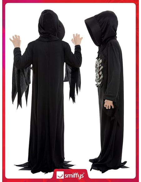 Déguisement de la Faucheuse de la mort, squelette, enfant (costume avec capuche et masque)