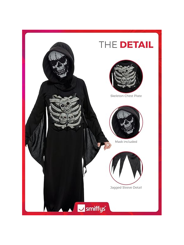 Déguisement de la Faucheuse de la mort, squelette, enfant (costume avec capuche et masque)