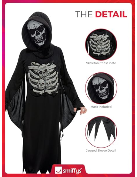 Déguisement de la Faucheuse de la mort, squelette, enfant (costume avec capuche et masque)