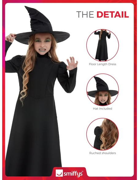 Déguisement sorcière noire fille – Robe longue et chapeau Smiffys détail