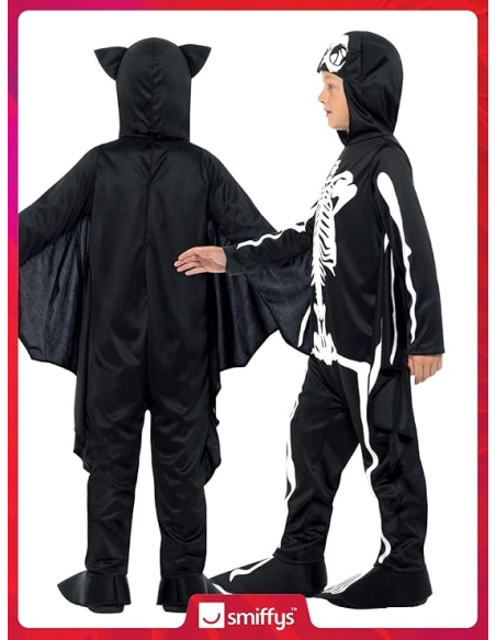 Déguisement enfant chauve souris squelette (combinaison à capuche et ailes attachées)