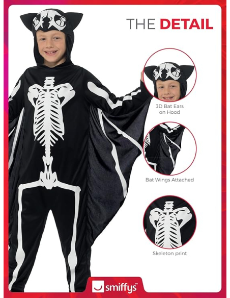 Déguisement enfant chauve souris squelette (combinaison à capuche et ailes attachées)