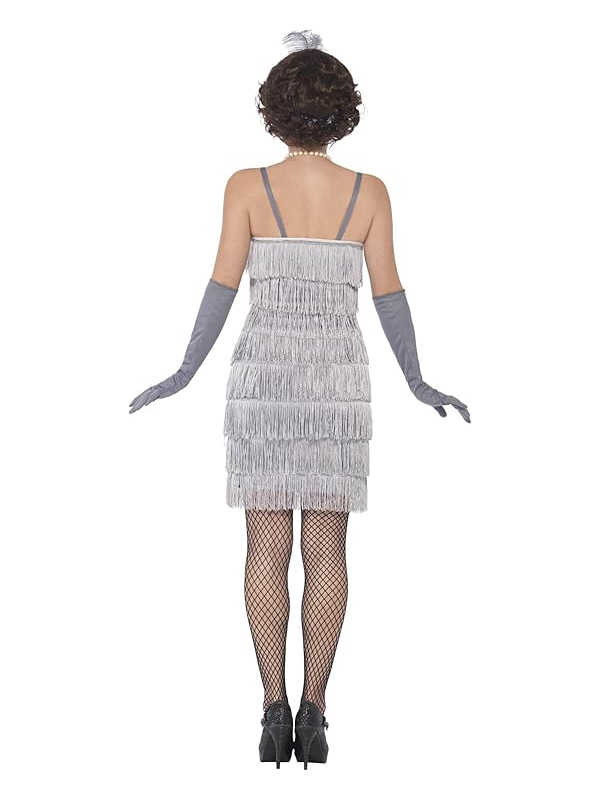 Déguisement années 20, femme argent à franges (robe courte, bandeau et gants)