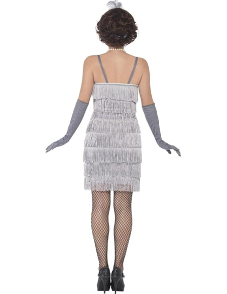 Déguisement années 20, femme argent à franges (robe courte, bandeau et gants)