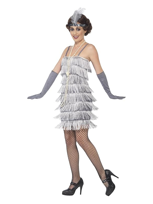 Déguisement années 20, femme argent à franges (robe courte, bandeau et gants)