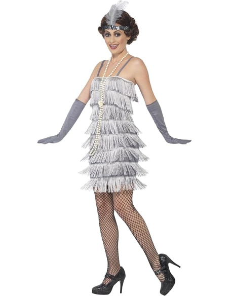 Déguisement années 20, femme argent à franges (robe courte, bandeau et gants)