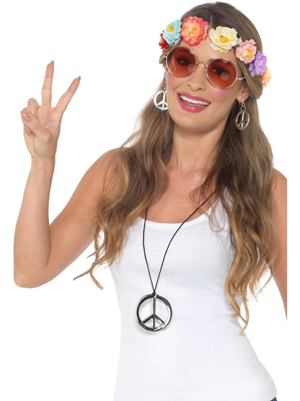 Kit hippie adulte (bandeau à fleurs, lunettes, collier et boucles d'oreilles)