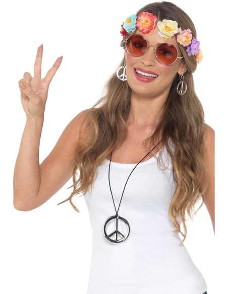 Kit hippie adulte (bandeau à fleurs, lunettes, collier et boucles d'oreilles)