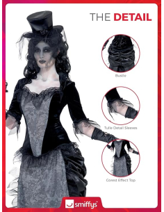 Déguisement fantôme veuve noire (corset à manches 3/4, jupe effet faux cul & chapeau haut de forme)