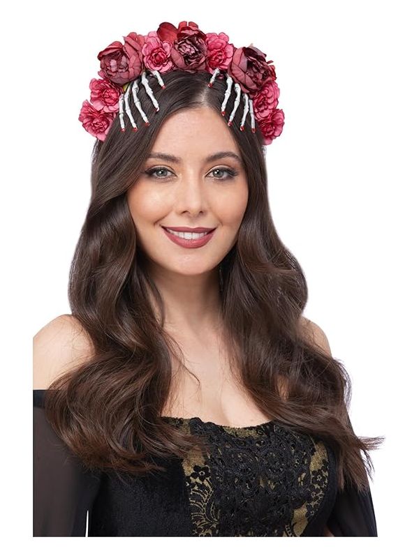 Coiffe jour des morts femme avec roses et mains squelette